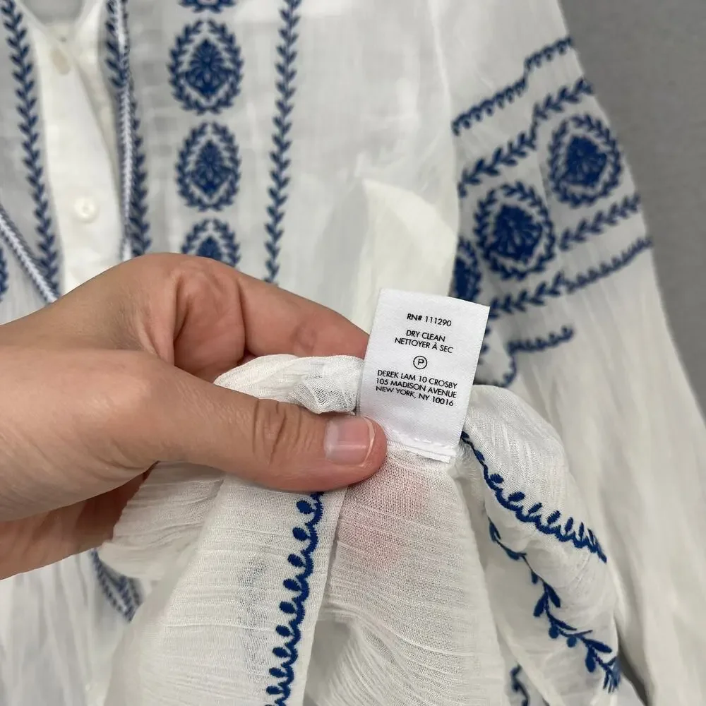 Derek Lam 10 Crosby Blouse Sz 4 White Blue Ailani Embroidered Sheer Coastal Chic - Picture 4 of 9